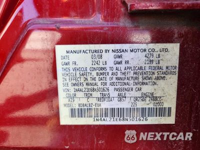 Zdjęcie 12 z 12 samochodu: 2008 NISSAN ALTIMA 2.5 VIN:1N4AL21E68N501626 - miniatura
