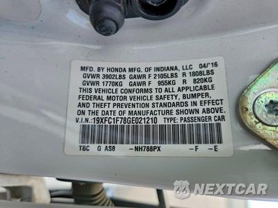 Zdjęcie 12 z 12 samochodu: 2016 HONDA CIVIC EXL VIN:19XFC1F78GE021210 - miniatura