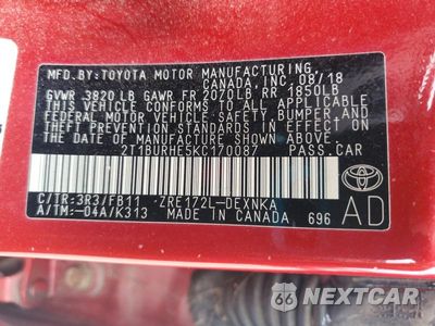Zdjęcie 12 z 12 samochodu: 2019 TOYOTA COROLLA LE VIN:2T1BURHE5KC170087 - miniatura