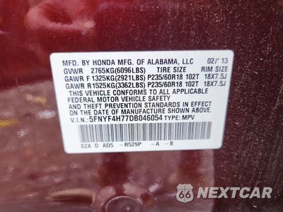 Zdjęcie 13 z 13 samochodu: 2013 HONDA PILOT EXLN VIN:5FNYF4H77DB046054 - miniatura