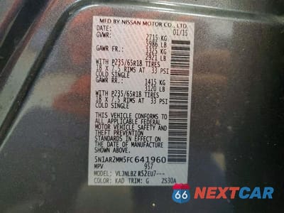 Zdjęcie 13 z 13 samochodu: 2015 NISSAN PATHFINDER S VIN:5N1AR2MM5FC641960 - miniatura