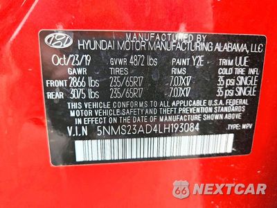 Zdjęcie 12 z 12 samochodu: 2020 HYUNDAI SANTA FE SE VIN:5NMS23AD4LH193084 - miniatura