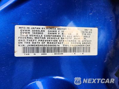 Zdjęcie 13 z 13 samochodu: 2016 HONDA FIT LX VIN:JHMGK5H53GS003574 - miniatura