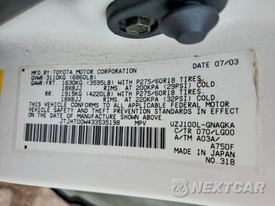 Zdjęcie 13 z 13 samochodu: 2003 LEXUS LX 470 VIN:JTJHT00W433535198 - miniatura