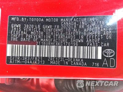 Zdjęcie 12 z 12 samochodu: 2019 TOYOTA COROLLA LE VIN:2T1BURHEXKC170196 - miniatura