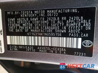 Zdjęcie 12 z 12 samochodu: 2022 TOYOTA CAMRY HYBRID SE VIN:4T1G31AK1NU595156 - miniatura