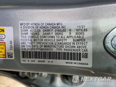 Zdjęcie 12 z 12 samochodu: 2022 HONDA CIVIC EX VIN:2HGFE1F75NH309151 - miniatura