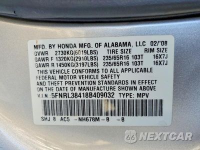 Zdjęcie 13 z 13 samochodu: 2008 HONDA ODYSSEY EX VIN:5FNRL38418B409032 - miniatura