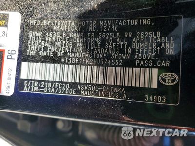 Zdjęcie 12 z 12 samochodu: 2017 TOYOTA CAMRY LE VIN:4T1BF1FK2HU374552 - miniatura