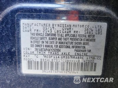 Zdjęcie 12 z 12 samochodu: 2019 NISSAN SENTRA S VIN:3N1AB7AP4KY292864 - miniatura