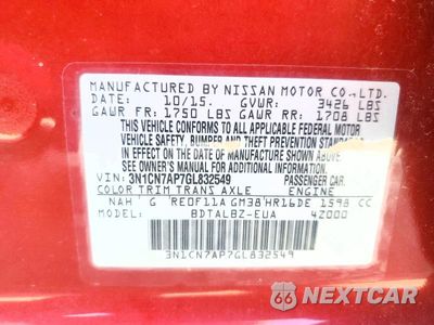 Zdjęcie 12 z 12 samochodu: 2016 NISSAN VERSA 1.6 SV VIN:3N1CN7AP7GL832549 - miniatura