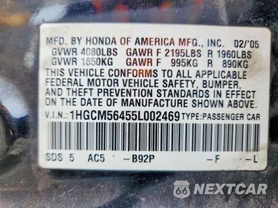 Zdjęcie 12 z 12 samochodu: 2005 HONDA ACCORD LX VIN:1HGCM56455L002469 - miniatura