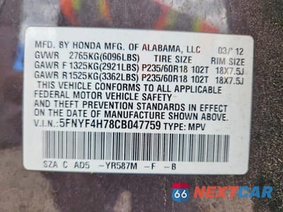 Zdjęcie 14 z 14 samochodu: 2012 HONDA PILOT EXLN VIN:5FNYF4H78CB047759 - miniatura