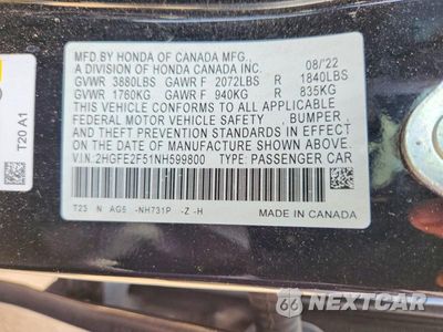 Zdjęcie 12 z 12 samochodu: 2022 HONDA CIVIC SPORT VIN:2HGFE2F51NH599800 - miniatura