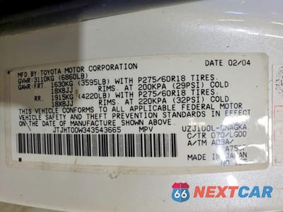 Zdjęcie 13 z 13 samochodu: 2004 LEXUS LX 470 BASE VIN:JTJHT00W343543665 - miniatura
