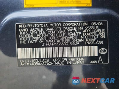 Zdjęcie 13 z 13 samochodu: 2006 LEXUS GS 300 VIN:JTHCH96S660019629 - miniatura