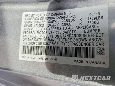 Zdjęcie 13 z 13 samochodu: 2019 HONDA CIVIC SPORT VIN:2HGFC4B81KH307933 - miniatura