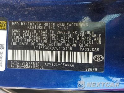Zdjęcie 12 z 12 samochodu: 2007 TOYOTA CAMRY LE VIN:4T1BE46K07U115108 - miniatura