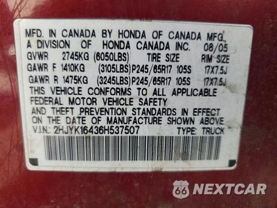 Zdjęcie 12 z 12 samochodu: 2006 HONDA RIDGELINE RTS VIN:2HJYK16436H537507 - miniatura