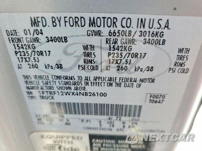 Zdjęcie 12 z 12 samochodu: 2004 FORD F100 VIN:1FTRF12WX4NB26100 - miniatura