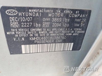 Zdjęcie 12 z 12 samochodu: 2008 HYUNDAI ELANTRA GLS VIN:KMHDU46D18U386760 - miniatura