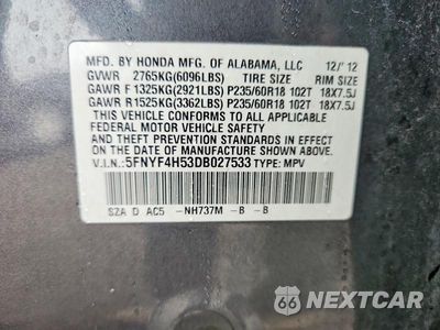 Zdjęcie 13 z 13 samochodu: 2013 HONDA PILOT EXL VIN:5FNYF4H53DB027533 - miniatura
