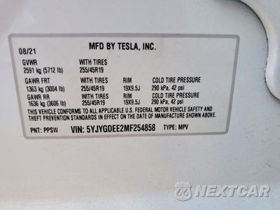 Zdjęcie 12 z 12 samochodu: 2021 TESLA MODEL Y VIN:5YJYGDEE2MF254858 - miniatura