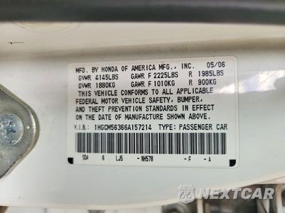Zdjęcie 12 z 12 samochodu: 2006 HONDA ACCORD SE VIN:1HGCM56366A157214 - miniatura