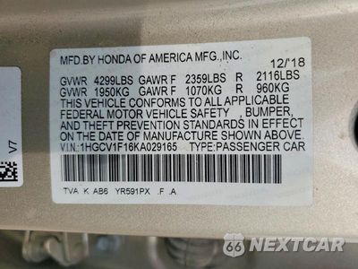 Zdjęcie 12 z 12 samochodu: 2019 HONDA ACCORD LX VIN:1HGCV1F16KA029165 - miniatura