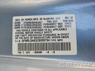 Zdjęcie 12 z 12 samochodu: 2012 HONDA ODYSSEY EXL VIN:5FNRL5H63CB099794 - miniatura