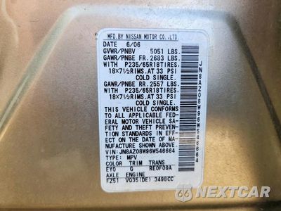 Zdjęcie 14 z 14 samochodu: 2006 NISSAN MURANO S VIN:JN8AZ08W96W546664 - miniatura