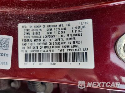 Zdjęcie 12 z 12 samochodu: 2016 HONDA ACCORD LX VIN:1HGCR2F31GA067941 - miniatura
