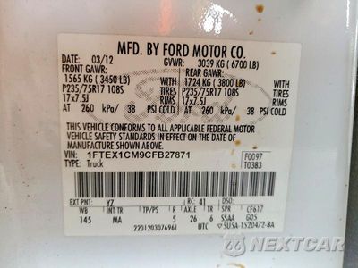 Zdjęcie 12 z 12 samochodu: 2012 FORD F150 SUPER CAB VIN:1FTEX1CM9CFB27871 - miniatura