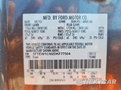 Zdjęcie 12 z 12 samochodu: 2013 FORD F150 SUPERCREW VIN:1FTEW1CM2DKF77504 - miniatura