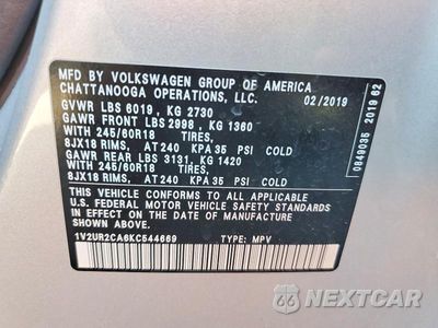 Zdjęcie 13 z 13 samochodu: 2019 VOLKSWAGEN ATLAS SE VIN:1V2UR2CA6KC544669 - miniatura