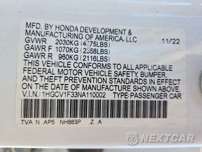 Zdjęcie 12 z 12 samochodu: 2022 HONDA ACCORD SPORT VIN:1HGCV1F33NA110002 - miniatura