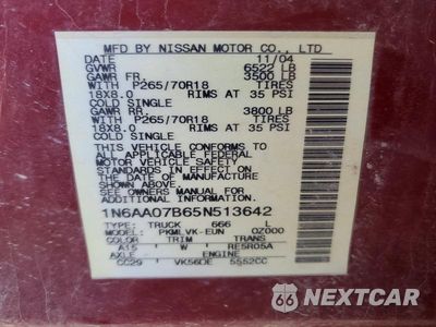 Zdjęcie 12 z 12 samochodu: 2005 NISSAN TITAN XE VIN:1N6AA07B65N513642 - miniatura