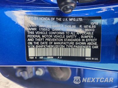 Zdjęcie 12 z 12 samochodu: 2019 HONDA CIVIC EX VIN:SHHFK7H63KU201254 - miniatura