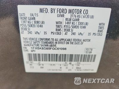Zdjęcie 14 z 14 samochodu: 2015 FORD EXPLORER XLT VIN:1FM5K8D85FGC61098 - miniatura