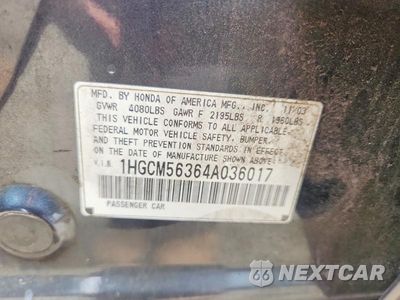Zdjęcie 12 z 12 samochodu: 2004 HONDA ACCORD LX VIN:1HGCM56364A036017 - miniatura