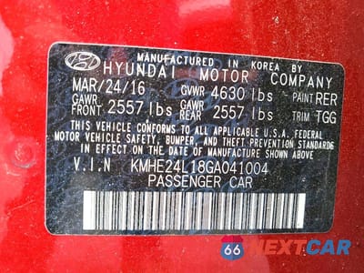 Zdjęcie 12 z 12 samochodu: 2016 HYUNDAI SONATA HYBRID SE VIN:KMHE24L18GA041004 - miniatura