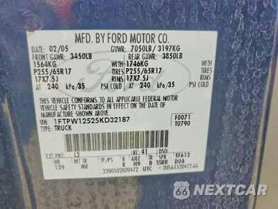 Zdjęcie 12 z 12 samochodu: 2005 FORD F150 SUPERCREW VIN:1FTPW12525KD32187 - miniatura
