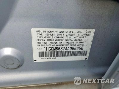 Zdjęcie 12 z 12 samochodu: 2004 HONDA ACCORD EX VIN:1HGCM66874A096650 - miniatura