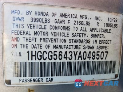 Zdjęcie 13 z 13 samochodu: 2000 HONDA ACCORD LX VIN:1HGCG5643YA049507 - miniatura