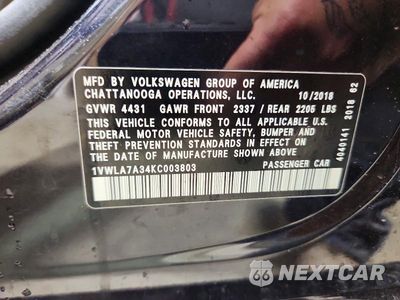 Zdjęcie 12 z 12 samochodu: 2019 VOLKSWAGEN PASSAT WOLFSBURG VIN:1VWLA7A34KC003803 - miniatura