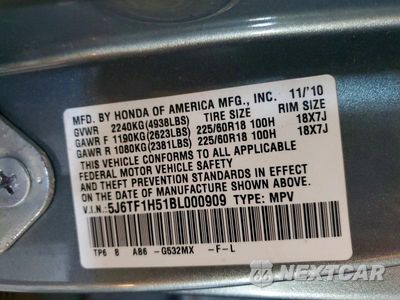 Zdjęcie 12 z 12 samochodu: 2011 HONDA ACCORD CROSSTOUR EXL VIN:5J6TF1H51BL000909 - miniatura
