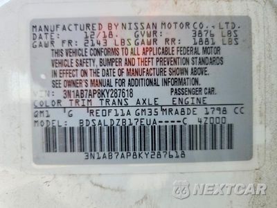 Zdjęcie 13 z 13 samochodu: 2019 NISSAN SENTRA SV VIN:3N1AB7AP8KY287618 - miniatura