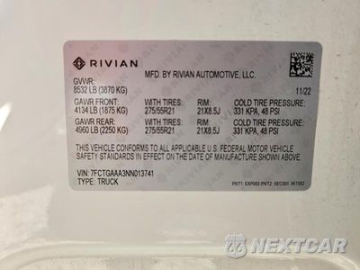 Zdjęcie 13 z 13 samochodu: 2022 RIVIAN R1T ADVENTURE VIN:7FCTGAAA3NN013741 - miniatura