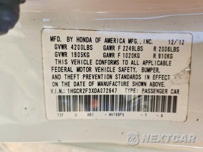 Zdjęcie 12 z 12 samochodu: 2013 HONDA ACCORD LX VIN:1HGCR2F3XDA072647 - miniatura
