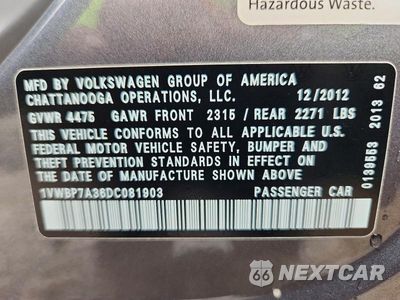 Zdjęcie 12 z 12 samochodu: 2013 VOLKSWAGEN PASSAT SE VIN:1VWBP7A36DC081903 - miniatura